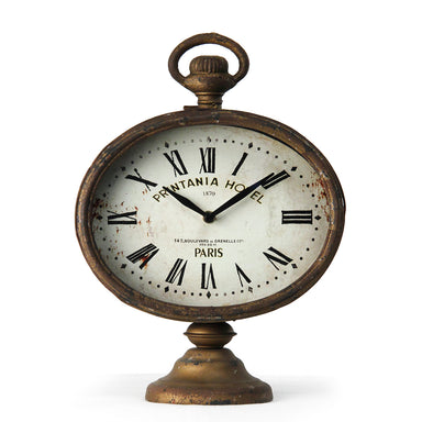 Printania Hotel desk clock – antique brown oval clock with iron stand and distressed finish