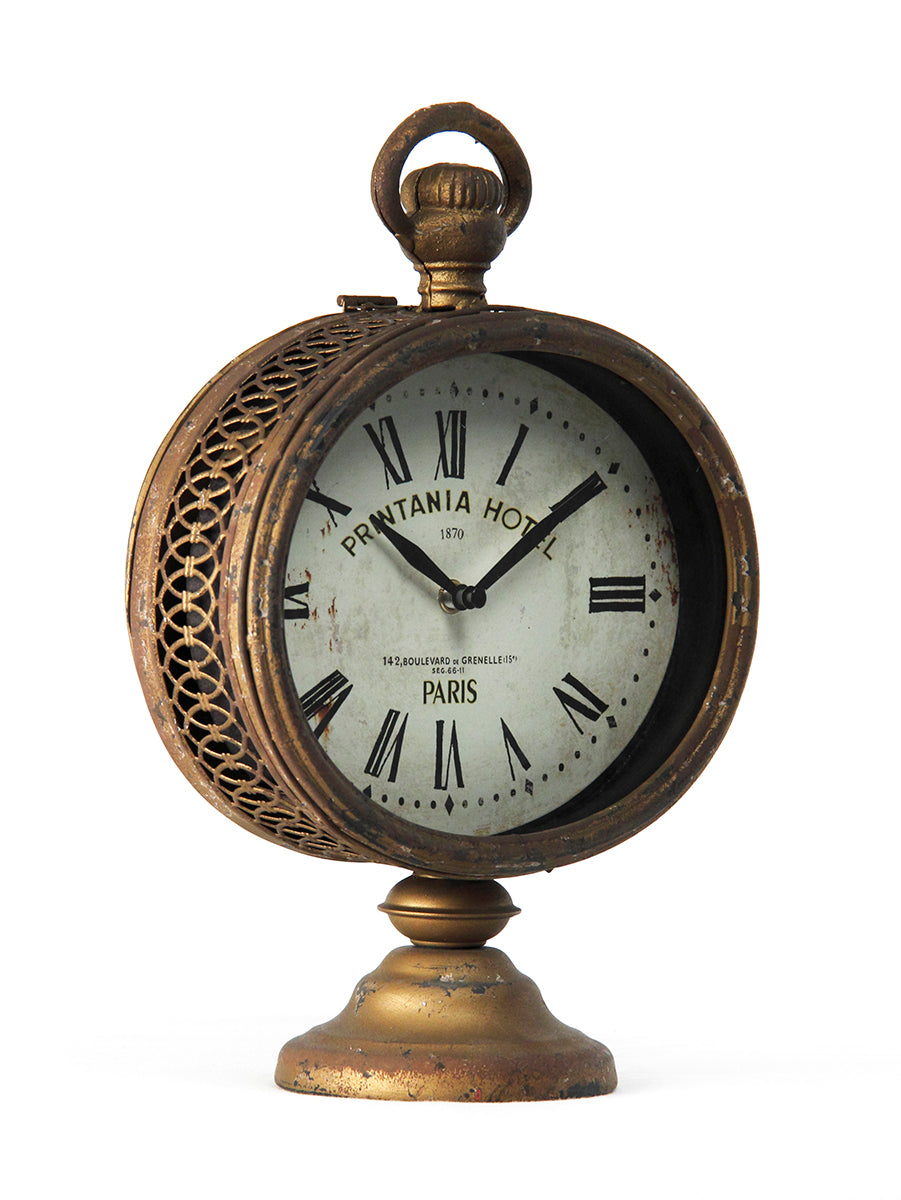 Printania Hotel desk clock – 9.5-inch antique oval clock with iron stand and distressed brown finish