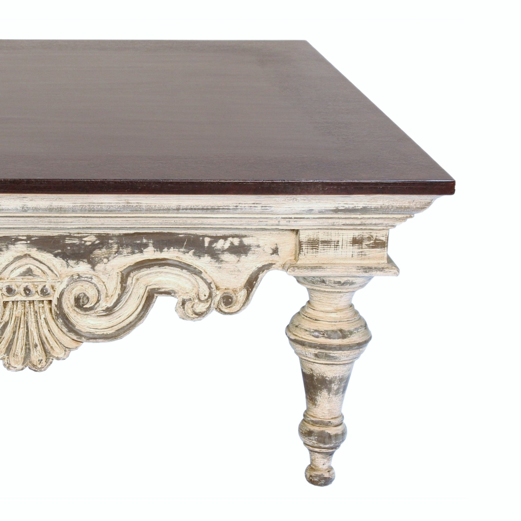 Round wooden cocktail table with hand-carved legs and two-tone finish