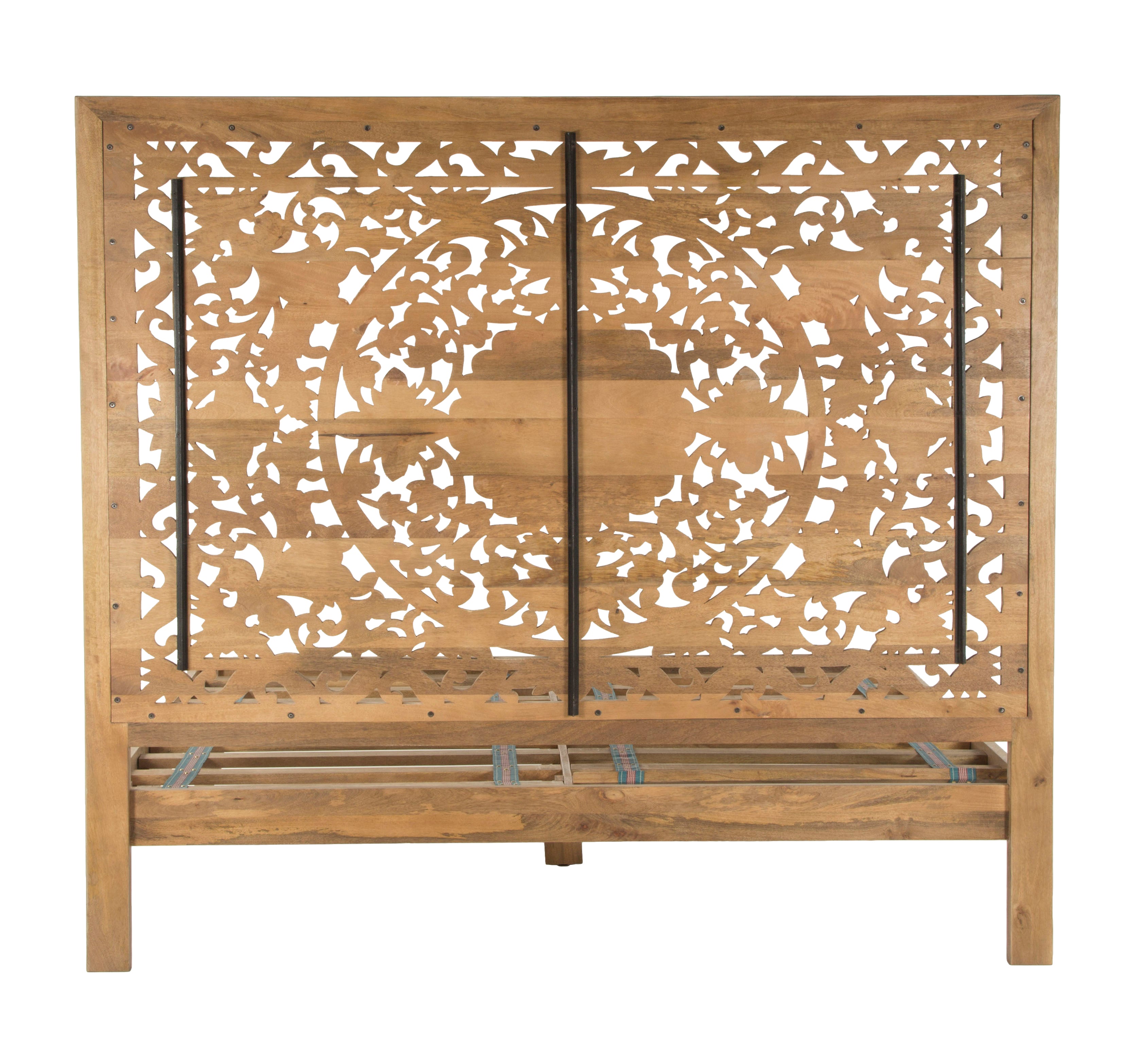 Rustic mango wood bed frame with whitewash finish and Spanish-inspired design