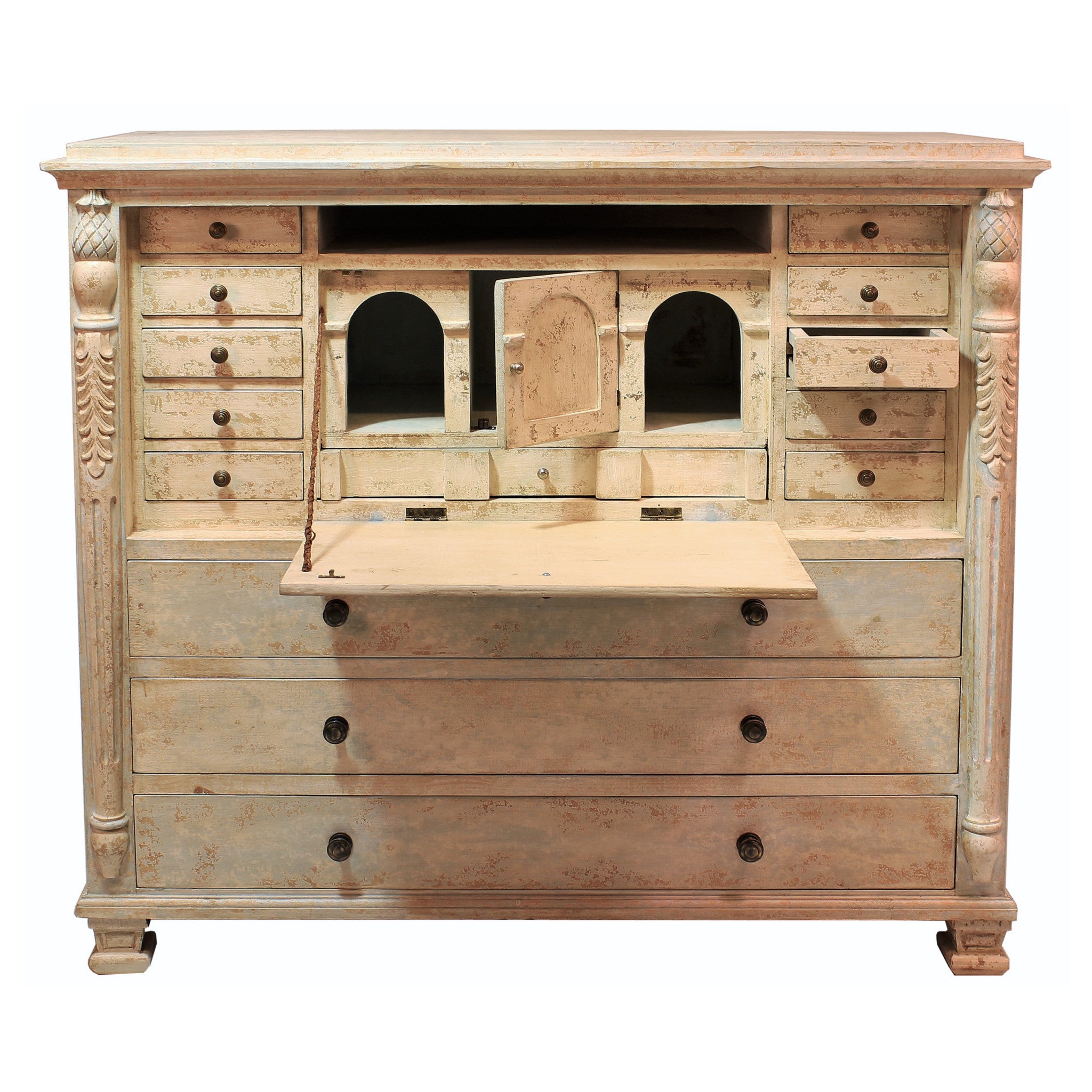 Hand-painted acanthus accents on the drop-down panel of the desk