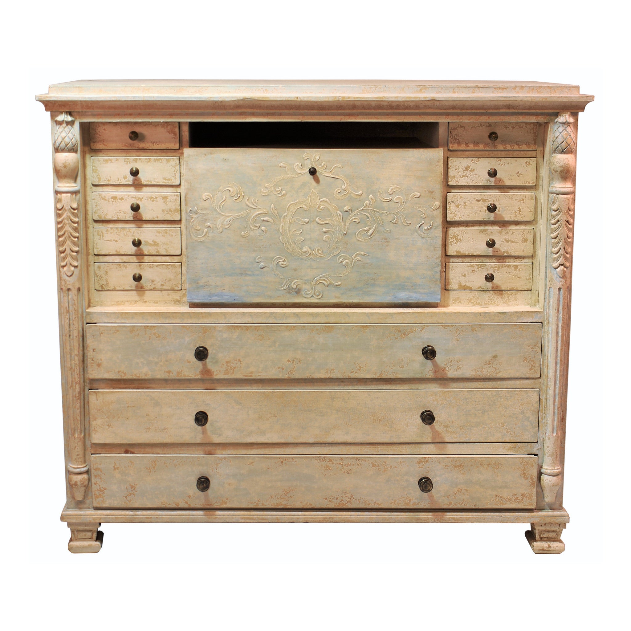 Antique-style secretary desk with intricate hand-carved detailing