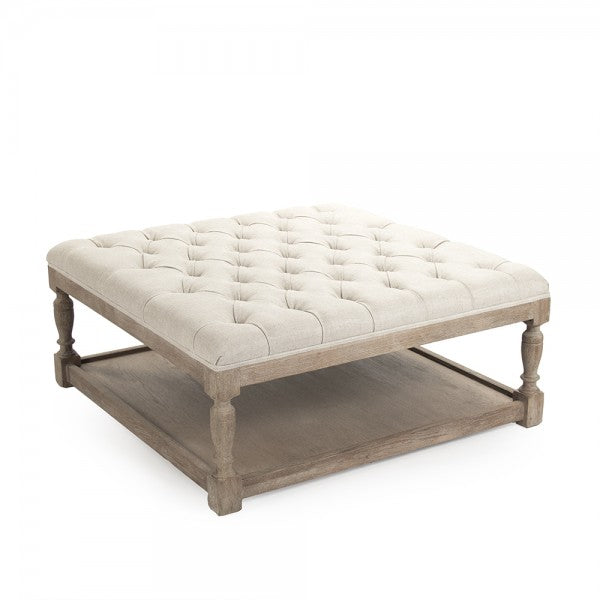 Square Tufted Ottoman upholstered in natural cream linen for a soft, elegant look.