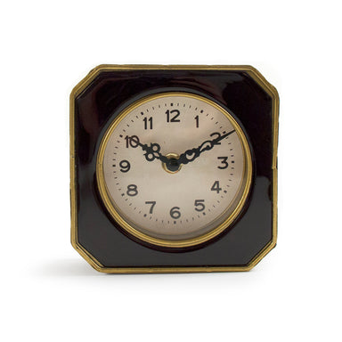 Vintage black and gold clock with a pewter frame, featuring elegant gold accents and a distressed finish for a classic antique look.