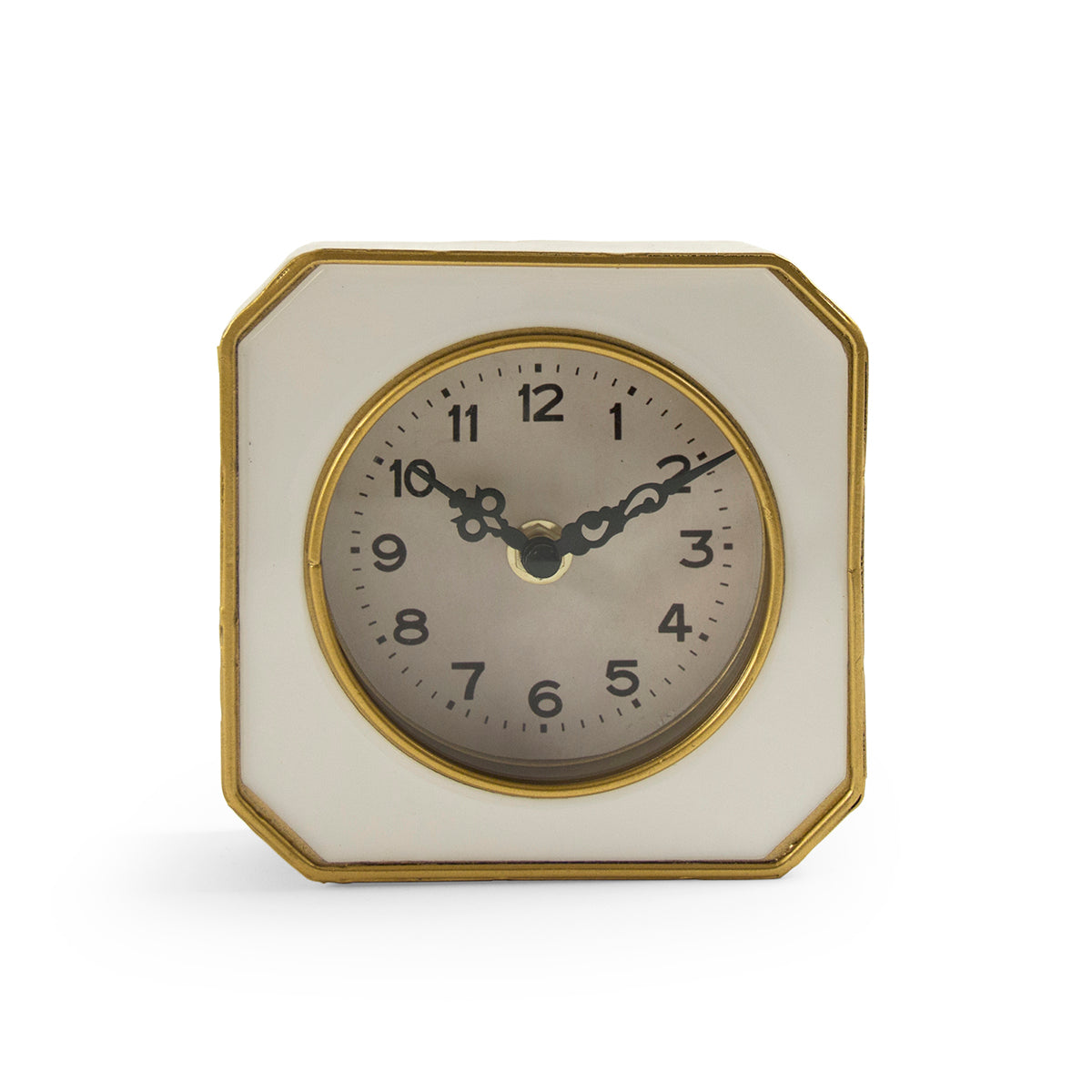 Elegant white and gold desk clock with a distressed pewter frame, perfect for adding a vintage touch to any space.