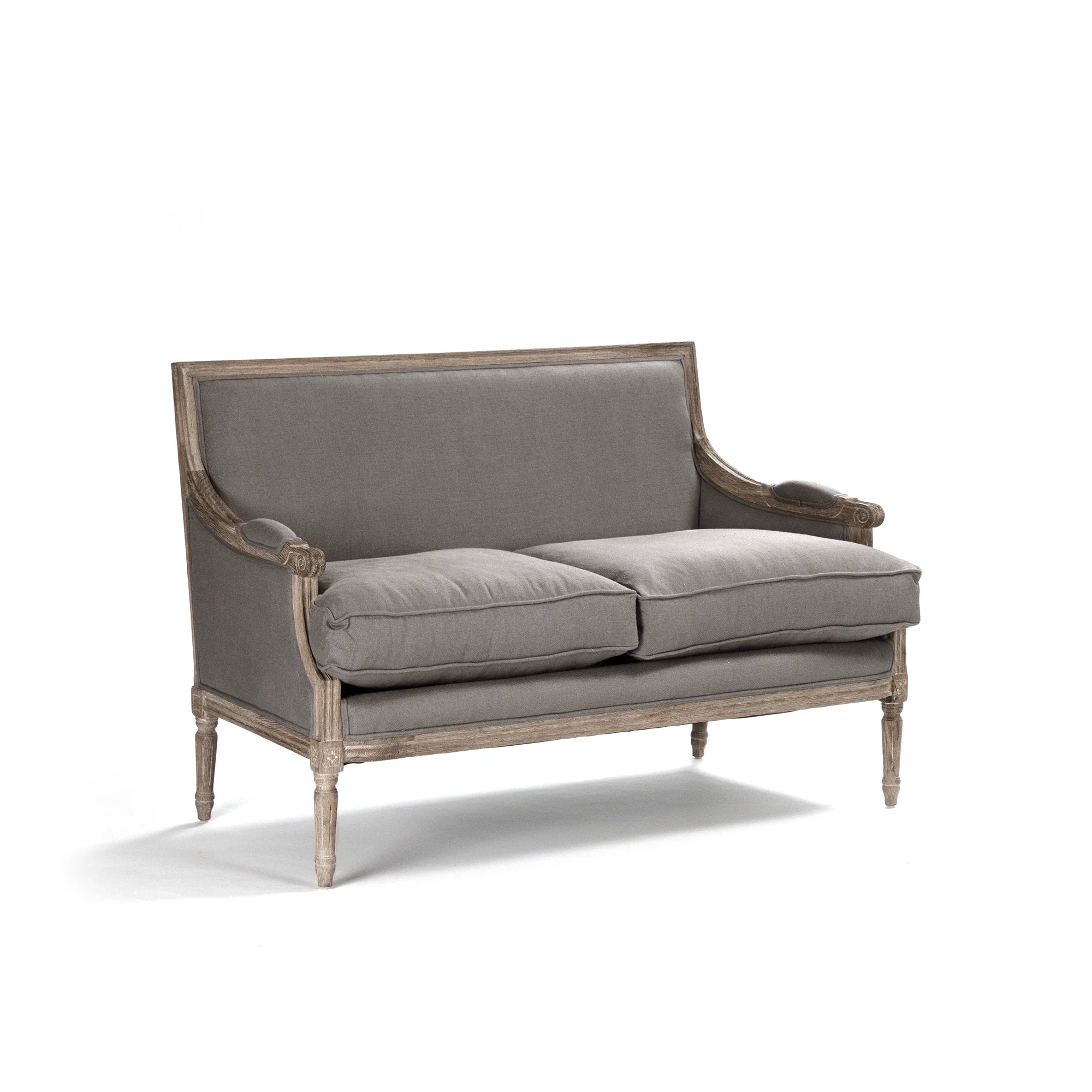 Gray sofa with wooden frame on a white background