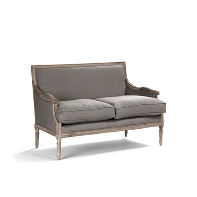 Gray sofa with wooden frame on a white background