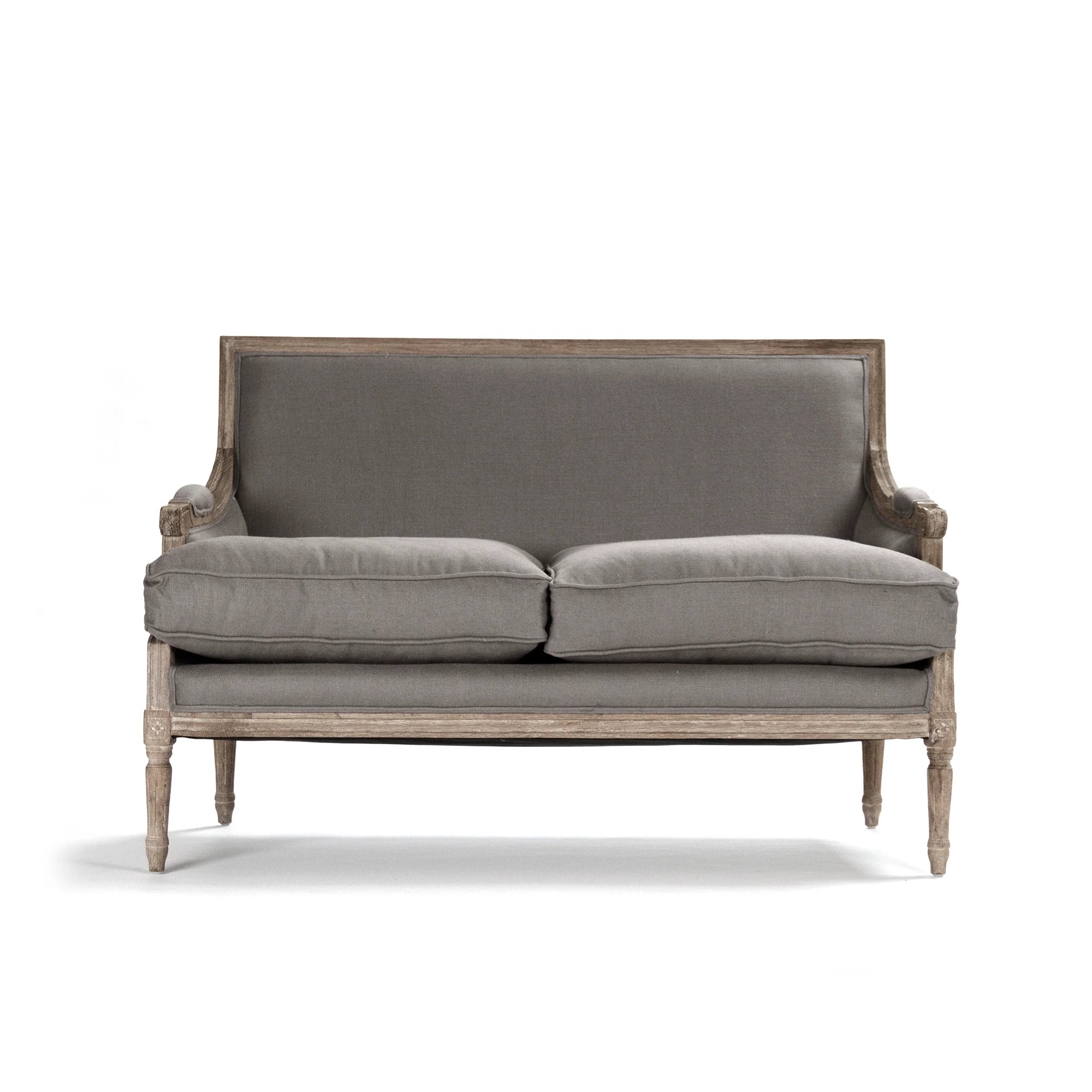 A classic French loveseat sofa with a distressed gray fabric upholstery and a weathered light brown wooden frame, shown against a plain white background.