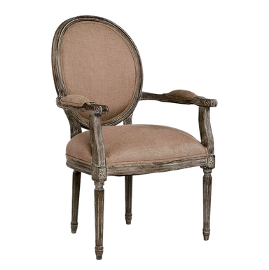 An elegant French-style armchair with a distressed gray-brown wooden frame and copper brown upholstered seat and backrest, shown against a plain white background.