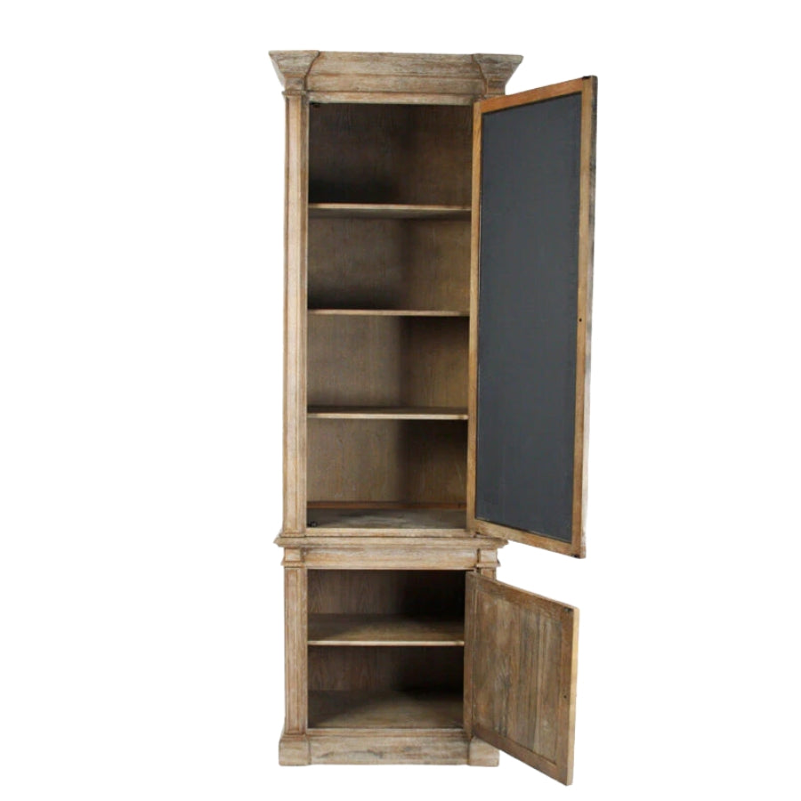 Corinne Cabinet limed grey finish featuring geometric wooden panel and clear glass door