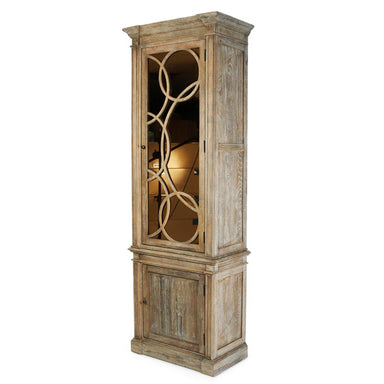 Corinne Cabinet with clear glass door and geometric wooden panel in limed grey finish