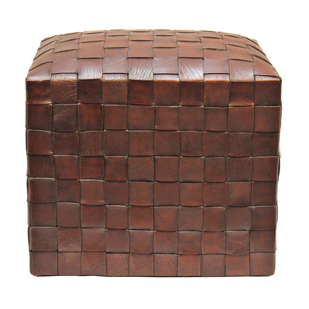 Brooklin Woven Leather Pouf, Brown