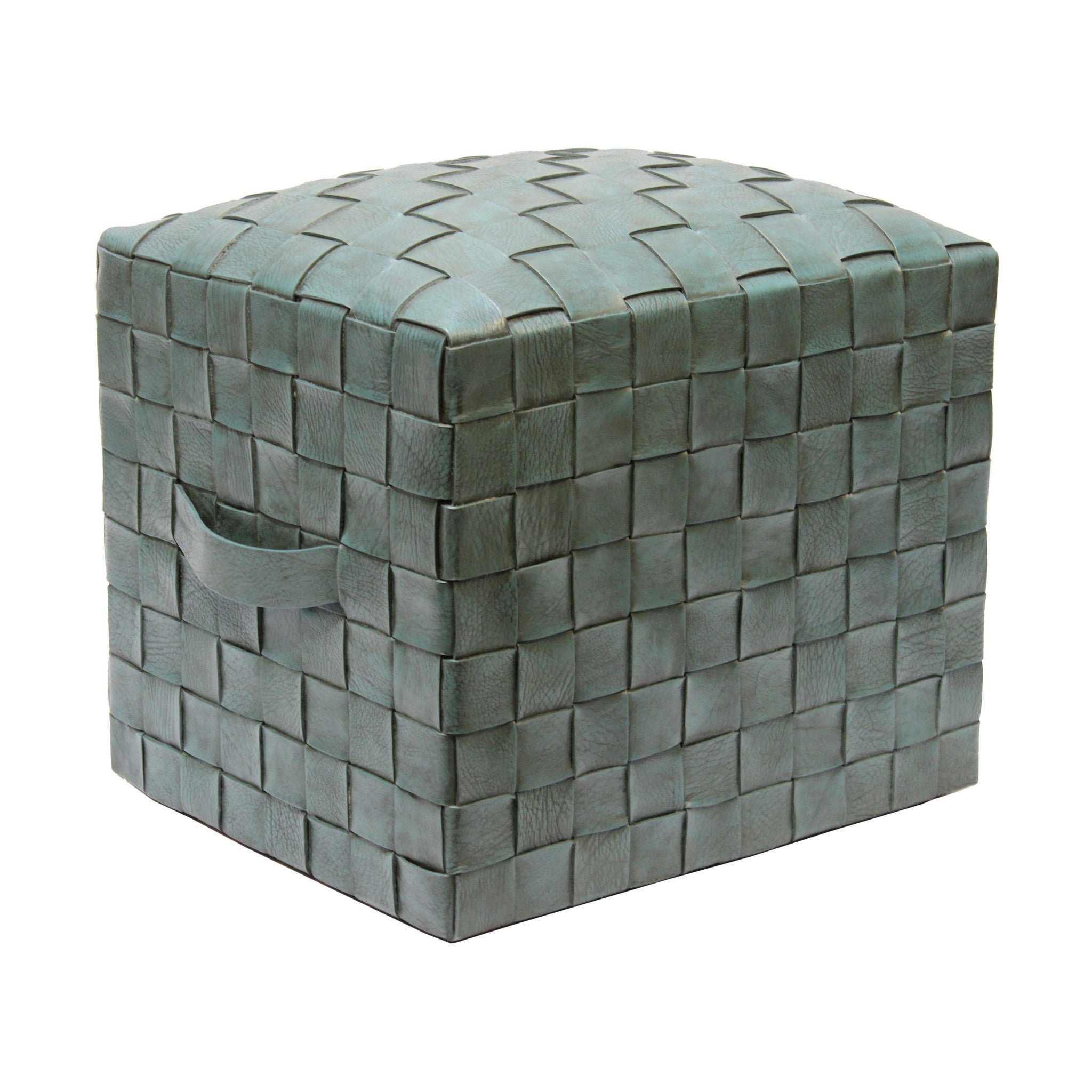 Brooklin Woven Leather Pouf, Turquoise