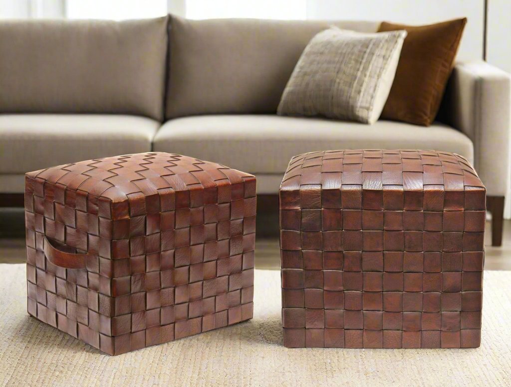 Brooklin Woven Leather Pouf, Brown