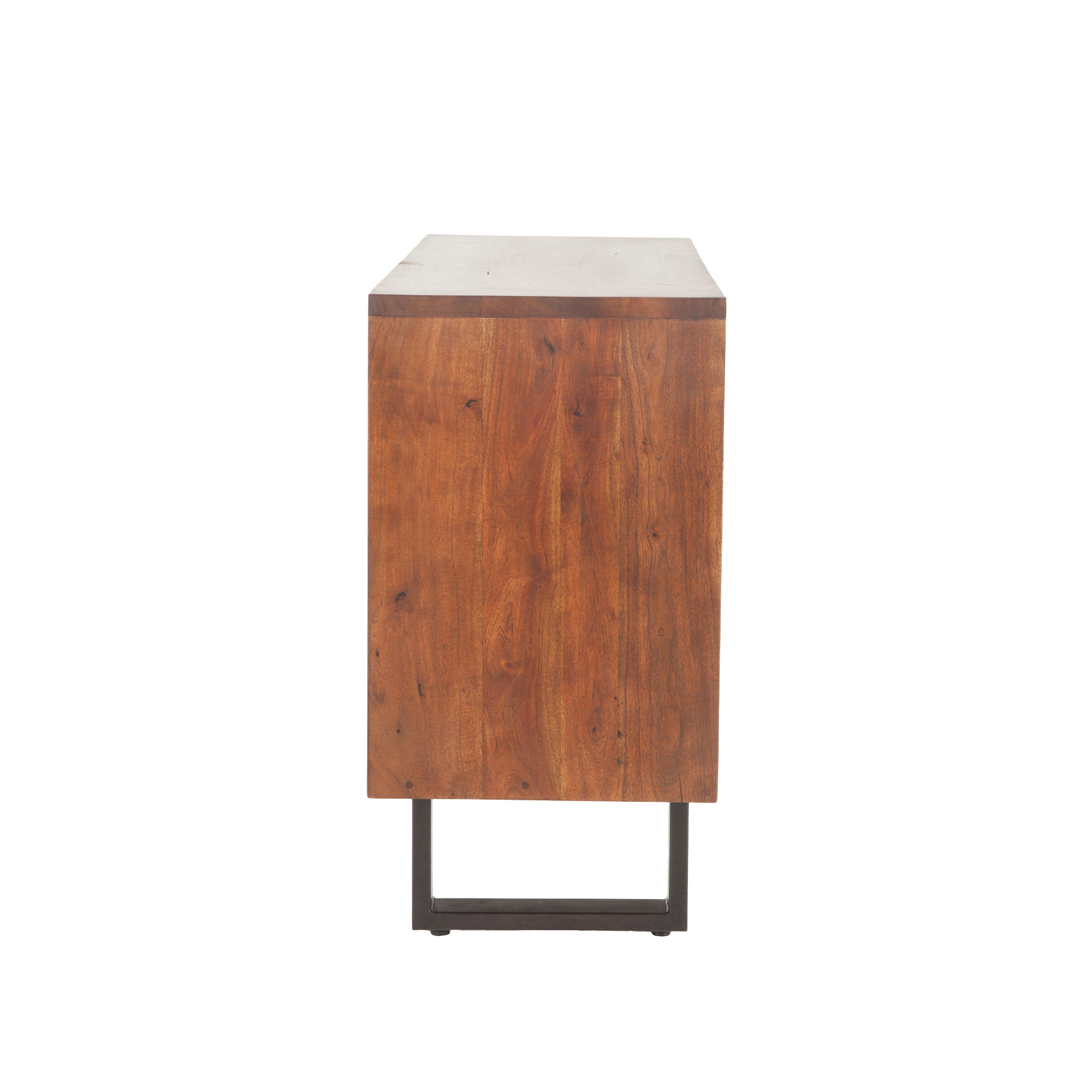 Dark walnut sideboard featuring 2 cupboards, 3 drawers with cut-out handles, and minimalist iron base