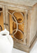 Corinne Cabinet limed grey finish with mirrored glass door and wooden geometric panel