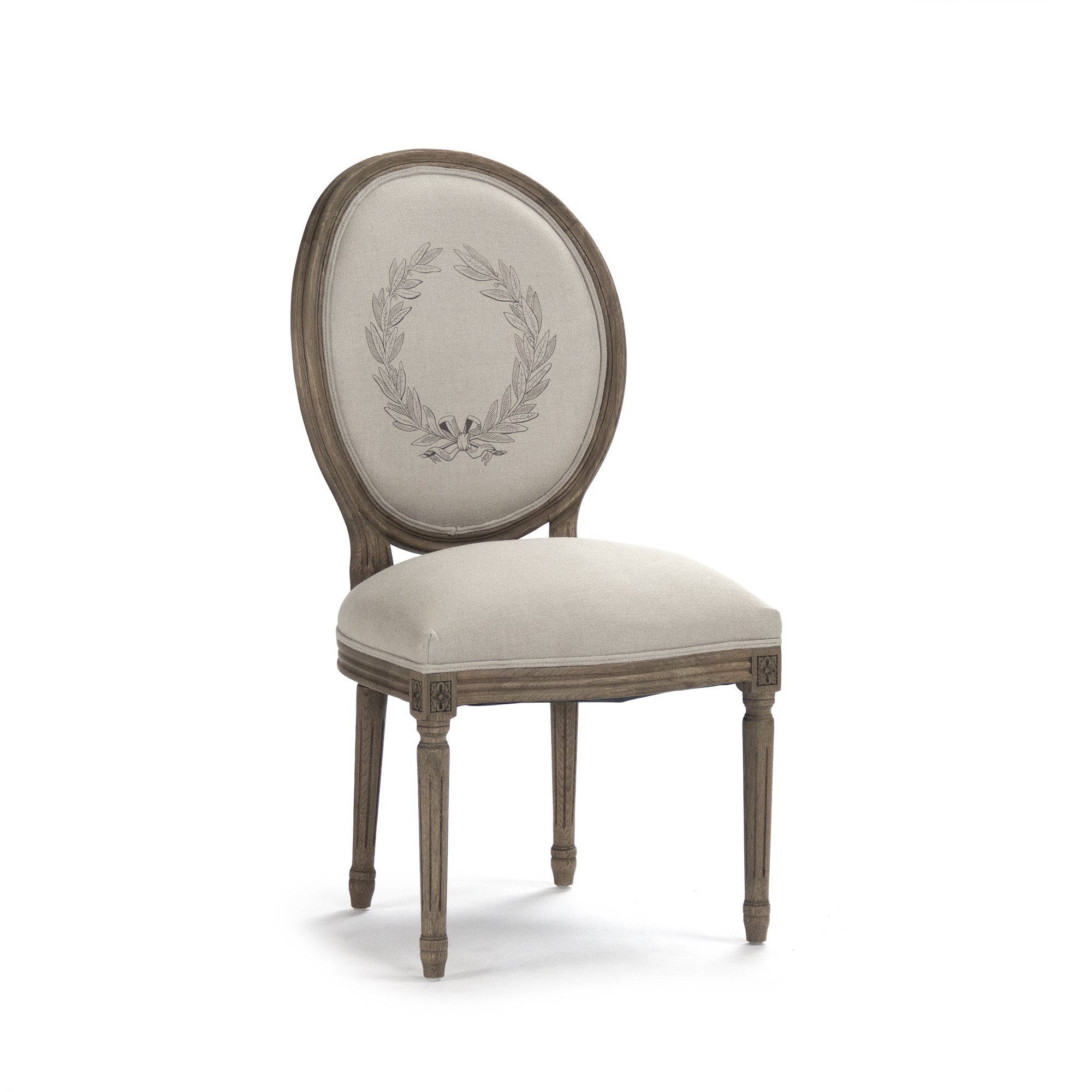 Front view of dining side chair featuring lush soft cream linen fabric and recycled oak legs