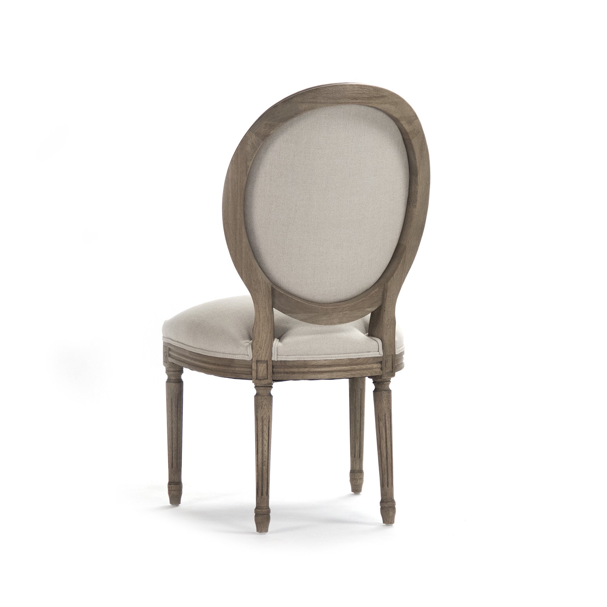 Side view of elegant side chair with natural linen fabric and wreath print on the backrest
