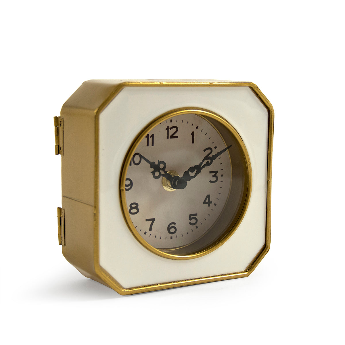 Petite white and gold table clock with a 3.5-inch face and antique-inspired gold trim, ideal for home or office decor.