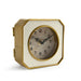 Petite white and gold table clock with a 3.5-inch face and antique-inspired gold trim, ideal for home or office decor.
